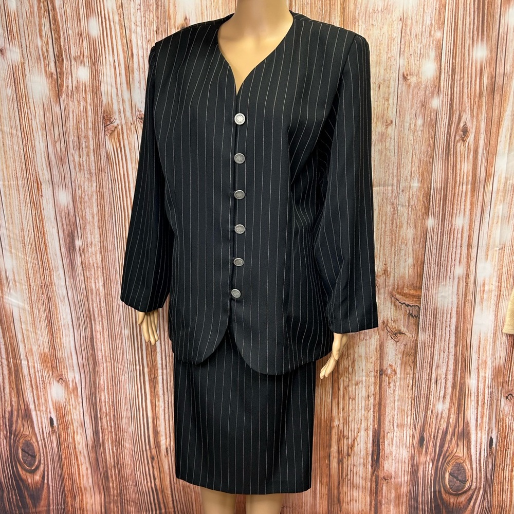 Vintage Positive Attitude Pinstriped Plus Size Polyester Skirt‎ Suit